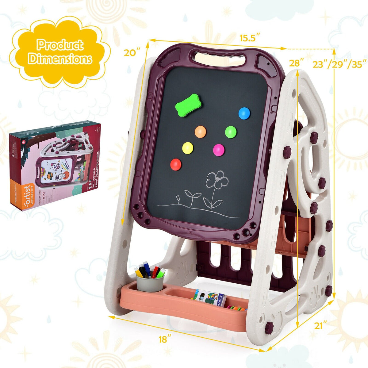 3-in-1 Kids Art Easel Double-Sided Tabletop Easel with Art Accessories-Red view 4