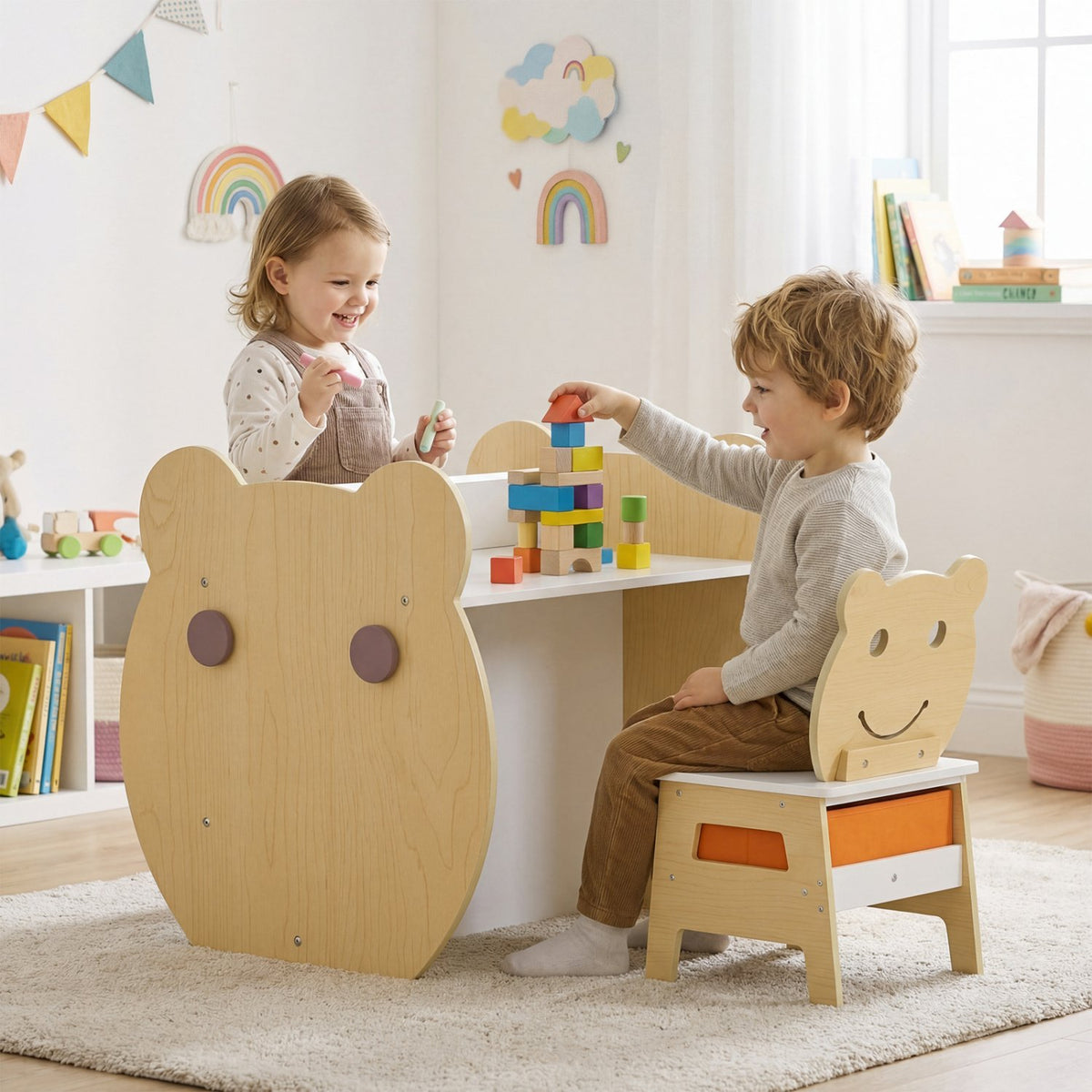 3-in-1 Kids Art Table and Chair with Storage and Reversible Whiteboard Chalkboard for Ages 3-10 Years Old-White view 2