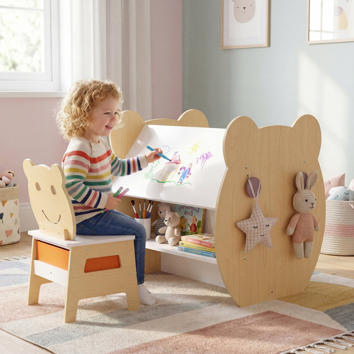 3-in-1 Kids Art Table and Chair with Storage and Reversible Whiteboard Chalkboard for Ages 3-10 Years Old-White view 3