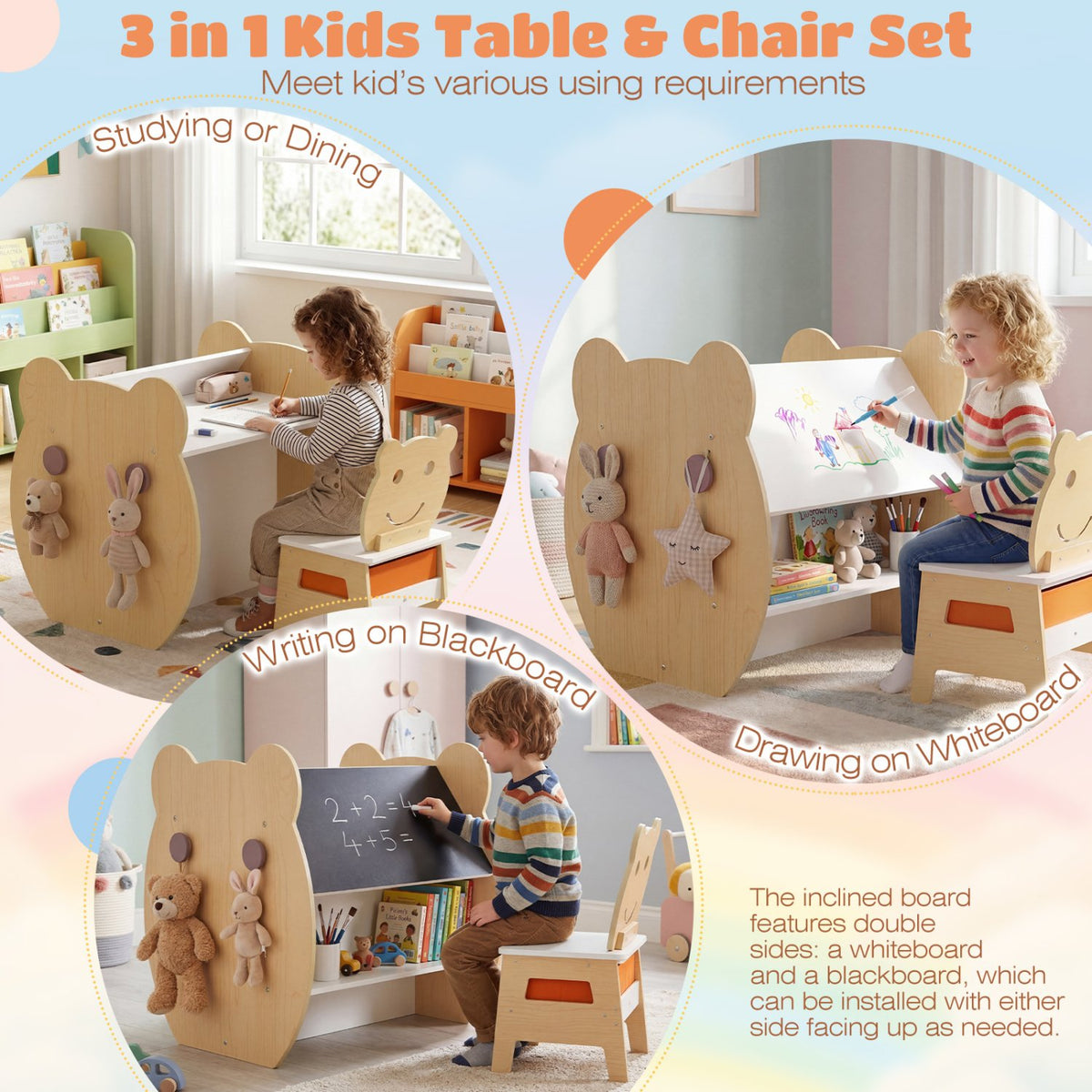 3-in-1 Kids Art Table and Chair with Storage and Reversible Whiteboard Chalkboard for Ages 3-10 Years Old-White view 6
