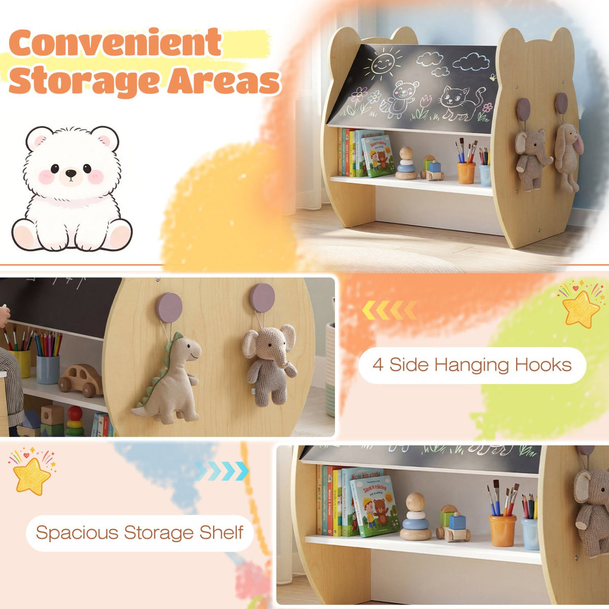 3-in-1 Kids Art Table and Chair with Storage and Reversible Whiteboard Chalkboard for Ages 3-10 Years Old-White view 8