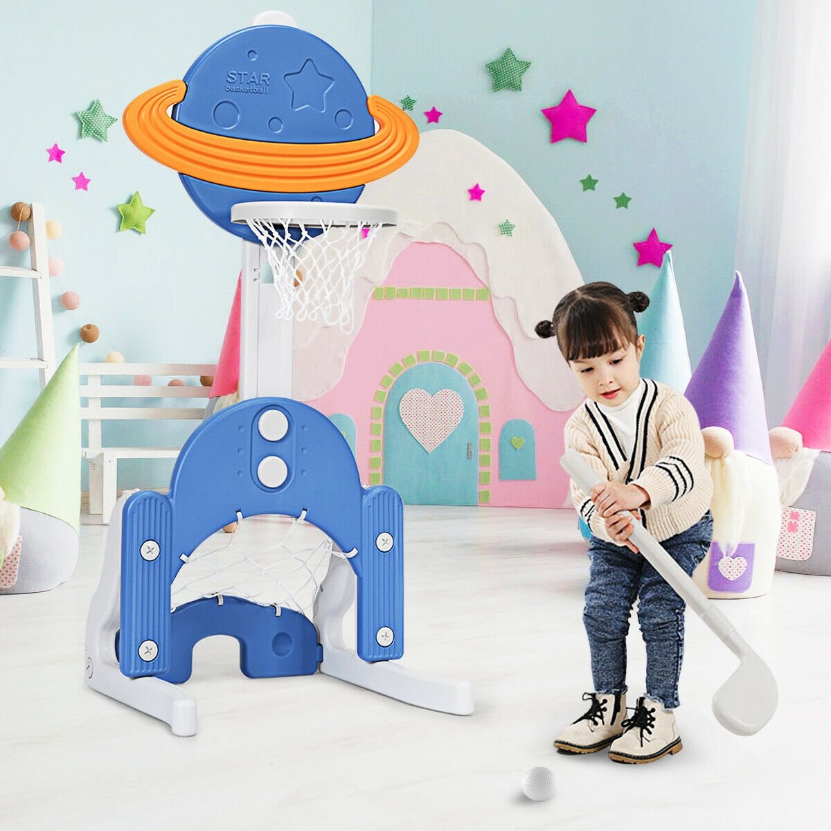 3 in 1 Kids Basketball Hoop Set with Balls-Blue view 3