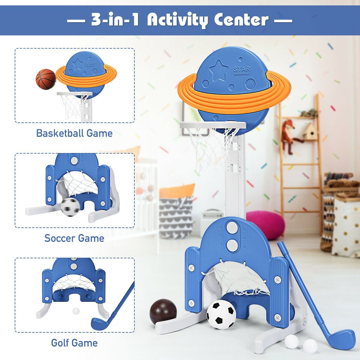 3 in 1 Kids Basketball Hoop Set with Balls-Blue view 5