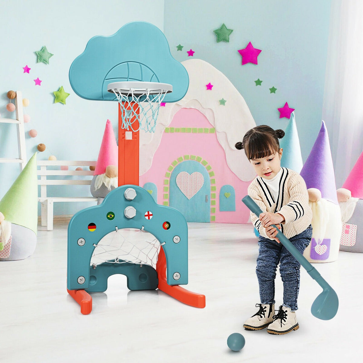 3-in-1 Kids Basketball Hoop Set with Balls-Green view 6