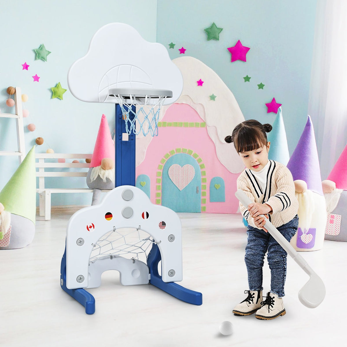 3-in-1 Kids Basketball Hoop Set with Balls-White view 3
