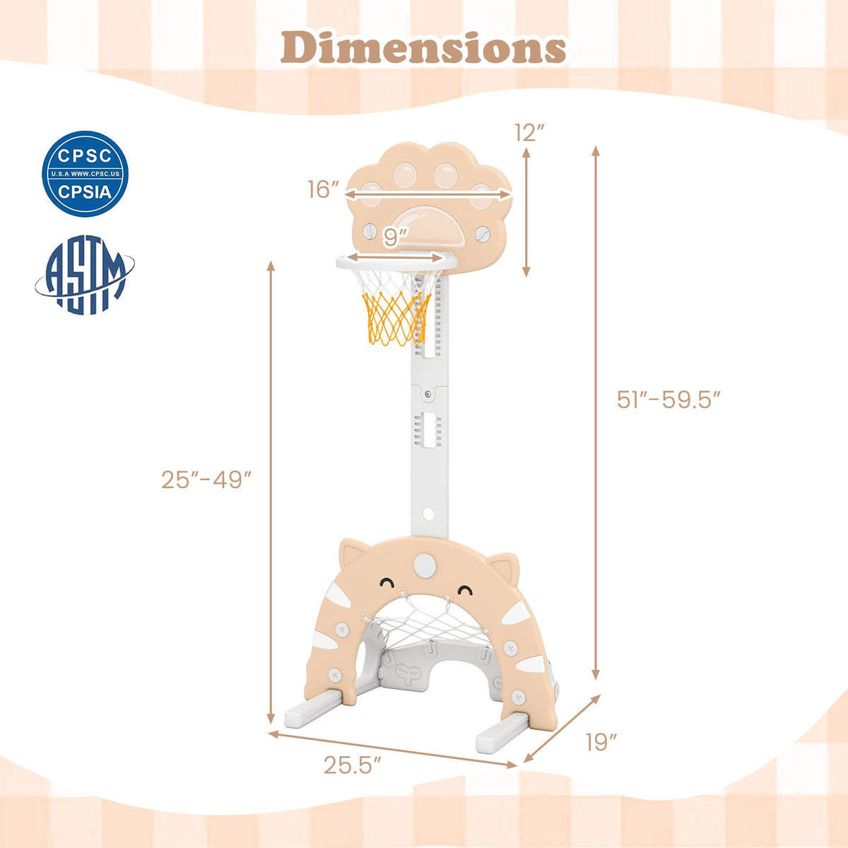 3 in 1 Kids Basketball Hoop with Basketball and Foldable Rim-Beige view 4