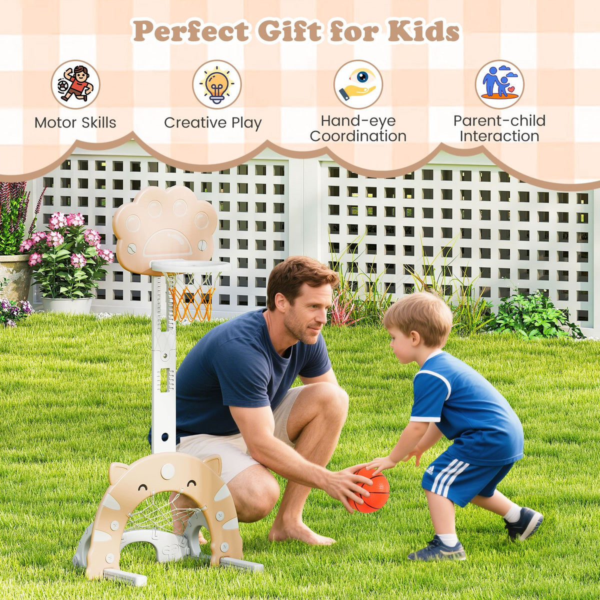 3 in 1 Kids Basketball Hoop with Basketball and Foldable Rim-Beige view 5