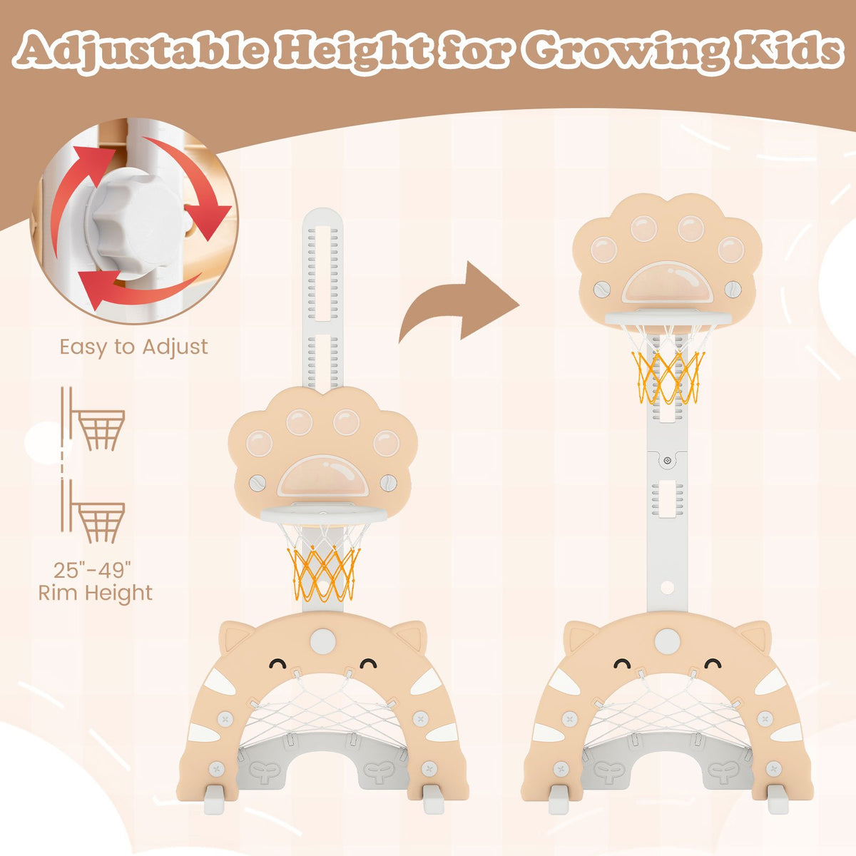 3 in 1 Kids Basketball Hoop with Basketball and Foldable Rim-Beige view 7