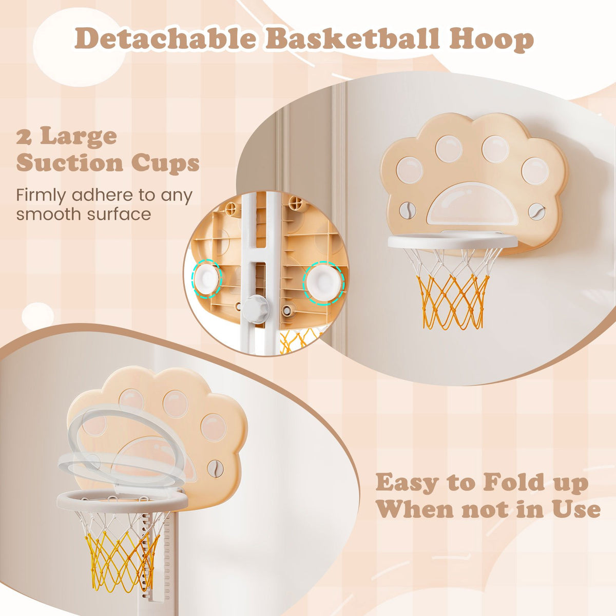 3 in 1 Kids Basketball Hoop with Basketball and Foldable Rim-Beige view 8