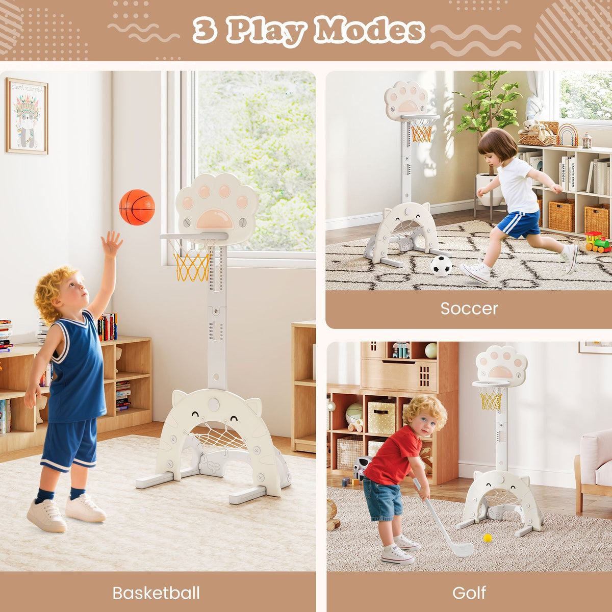 3 in 1 Kids Basketball Hoop with Basketball and Foldable Rim-Gray view 6