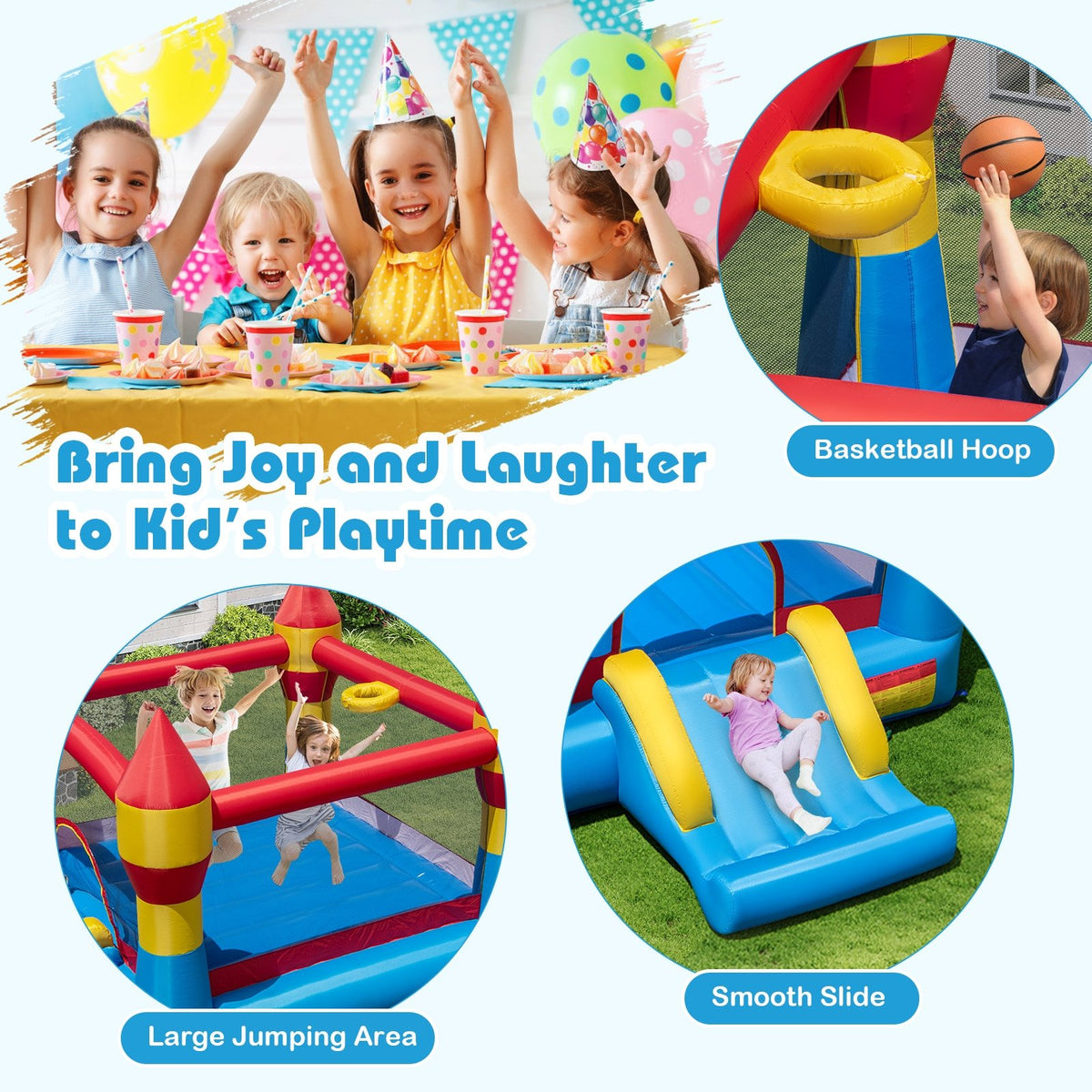 3-in-1 Kids Bouncer with Slide Large Jumping Area and Basketball Hoop without Blower view 7