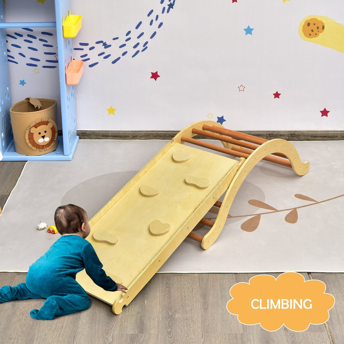 3-in-1 Kids Climber Set Wooden Arch Triangle Rocker with Ramp and Mat-Natural view 2
