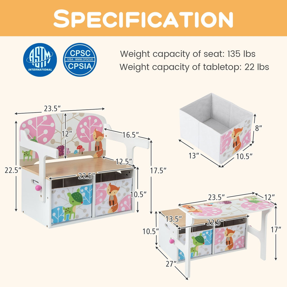 3 in 1 Kids Convertible Activity Bench with 2 Removable Fabric Bins-White view 5