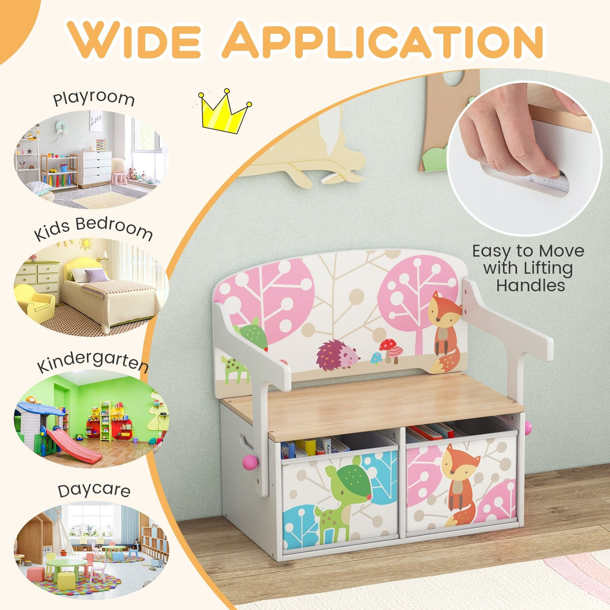 3 in 1 Kids Convertible Activity Bench with 2 Removable Fabric Bins-White view 8