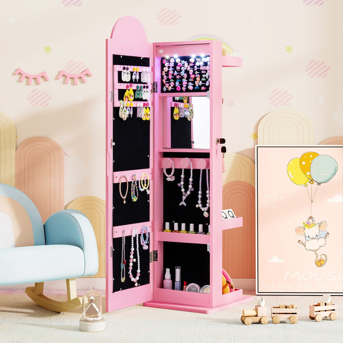 3 In 1 Kids Jewelry Cabinet Freestanding Jewelry Armoire with 3-Color Lighted Mirror-Pink view 2