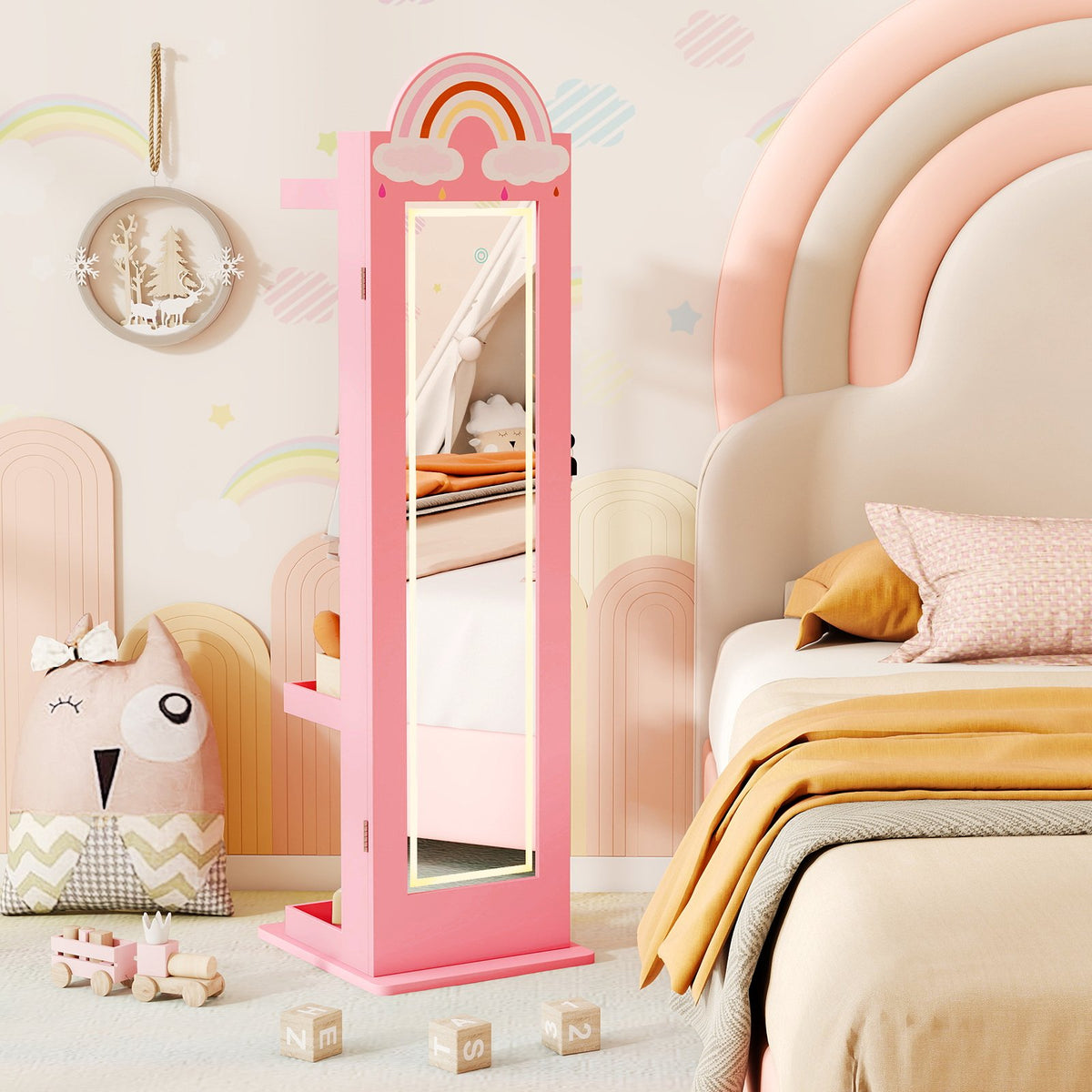 3 In 1 Kids Jewelry Cabinet Freestanding Jewelry Armoire with 3-Color Lighted Mirror-Pink view 3