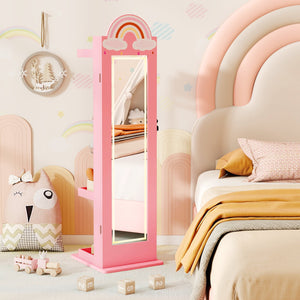 3 In 1 Kids Jewelry Cabinet Freestanding Jewelry Armoire with 3-Color Lighted Mirror-Pink view 3