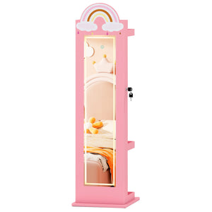 3 In 1 Kids Jewelry Cabinet Freestanding Jewelry Armoire with 3-Color Lighted Mirror-Pink view 4