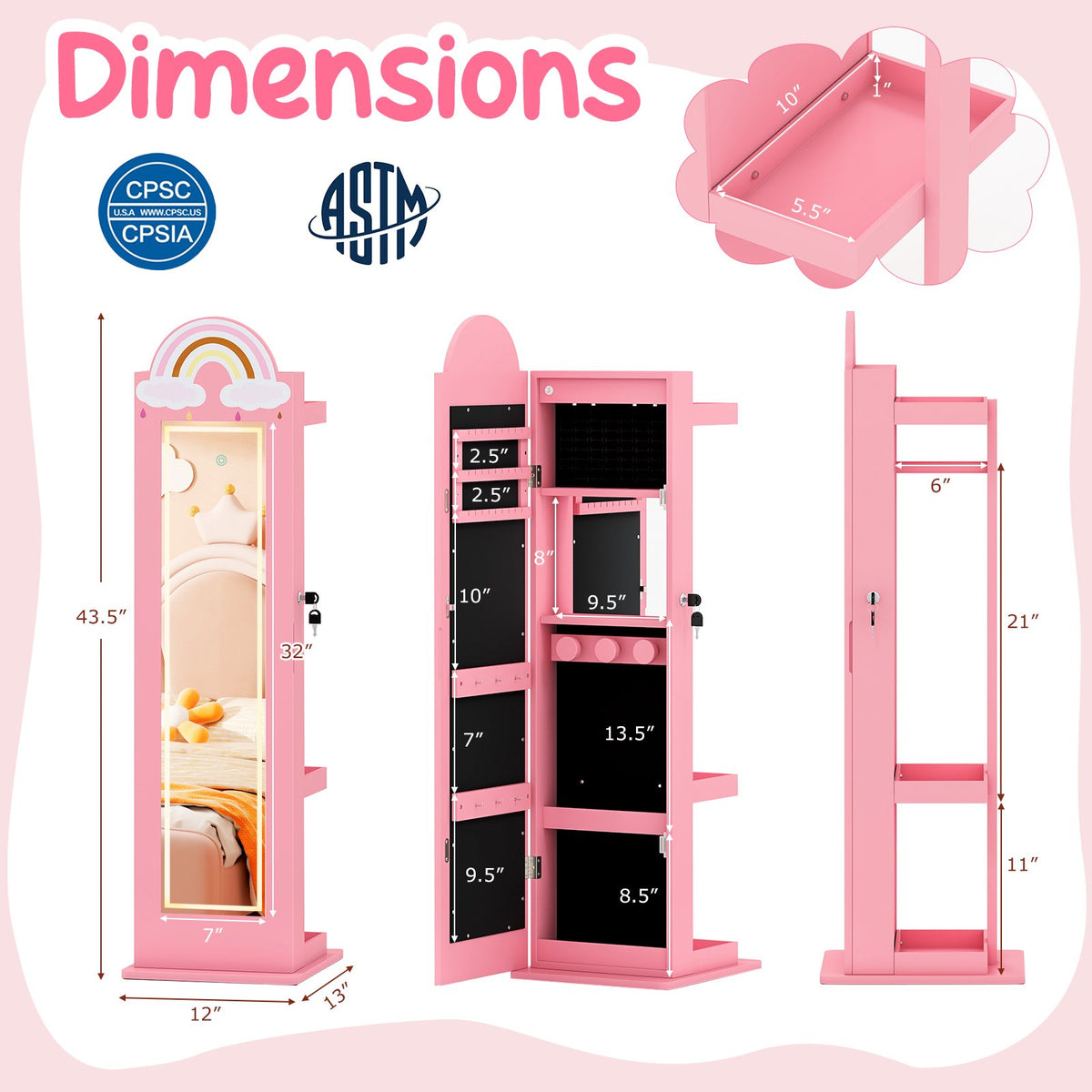 3 In 1 Kids Jewelry Cabinet Freestanding Jewelry Armoire with 3-Color Lighted Mirror-Pink view 5