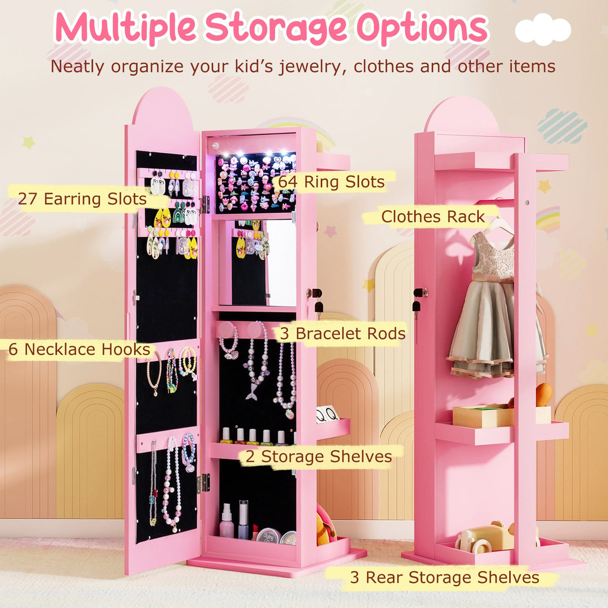 3 In 1 Kids Jewelry Cabinet Freestanding Jewelry Armoire with 3-Color Lighted Mirror-Pink view 6