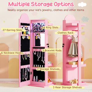 3 In 1 Kids Jewelry Cabinet Freestanding Jewelry Armoire with 3-Color Lighted Mirror-Pink view 6