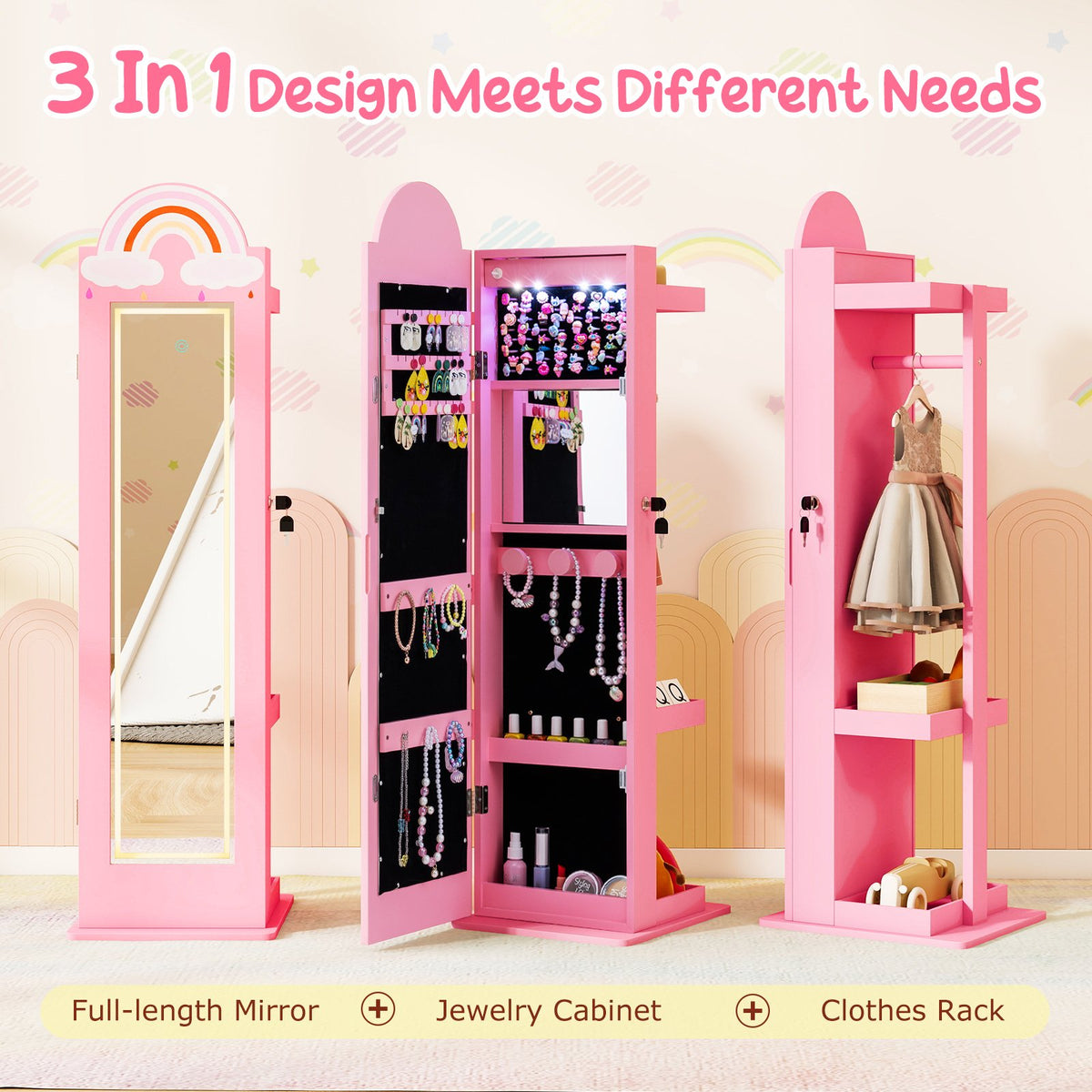 3 In 1 Kids Jewelry Cabinet Freestanding Jewelry Armoire with 3-Color Lighted Mirror-Pink view 7