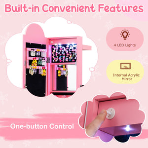 3 In 1 Kids Jewelry Cabinet Freestanding Jewelry Armoire with 3-Color Lighted Mirror-Pink view 8