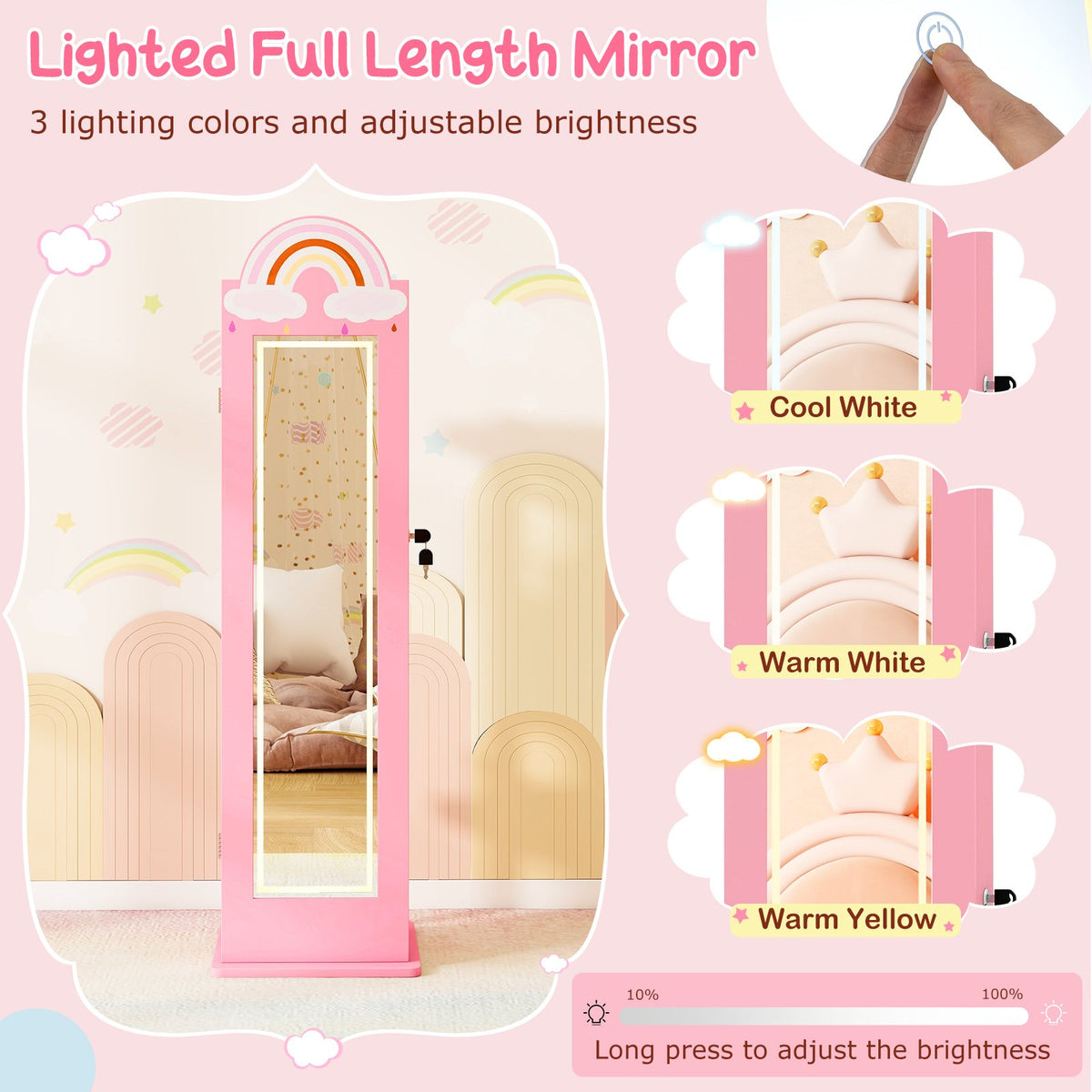3 In 1 Kids Jewelry Cabinet Freestanding Jewelry Armoire with 3-Color Lighted Mirror-Pink view 9