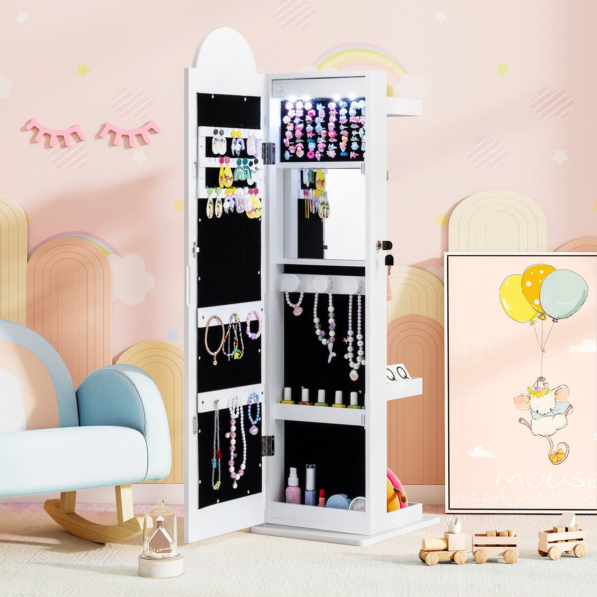 3 In 1 Kids Jewelry Cabinet Freestanding Jewelry Armoire with 3-Color Lighted Mirror-White view 2