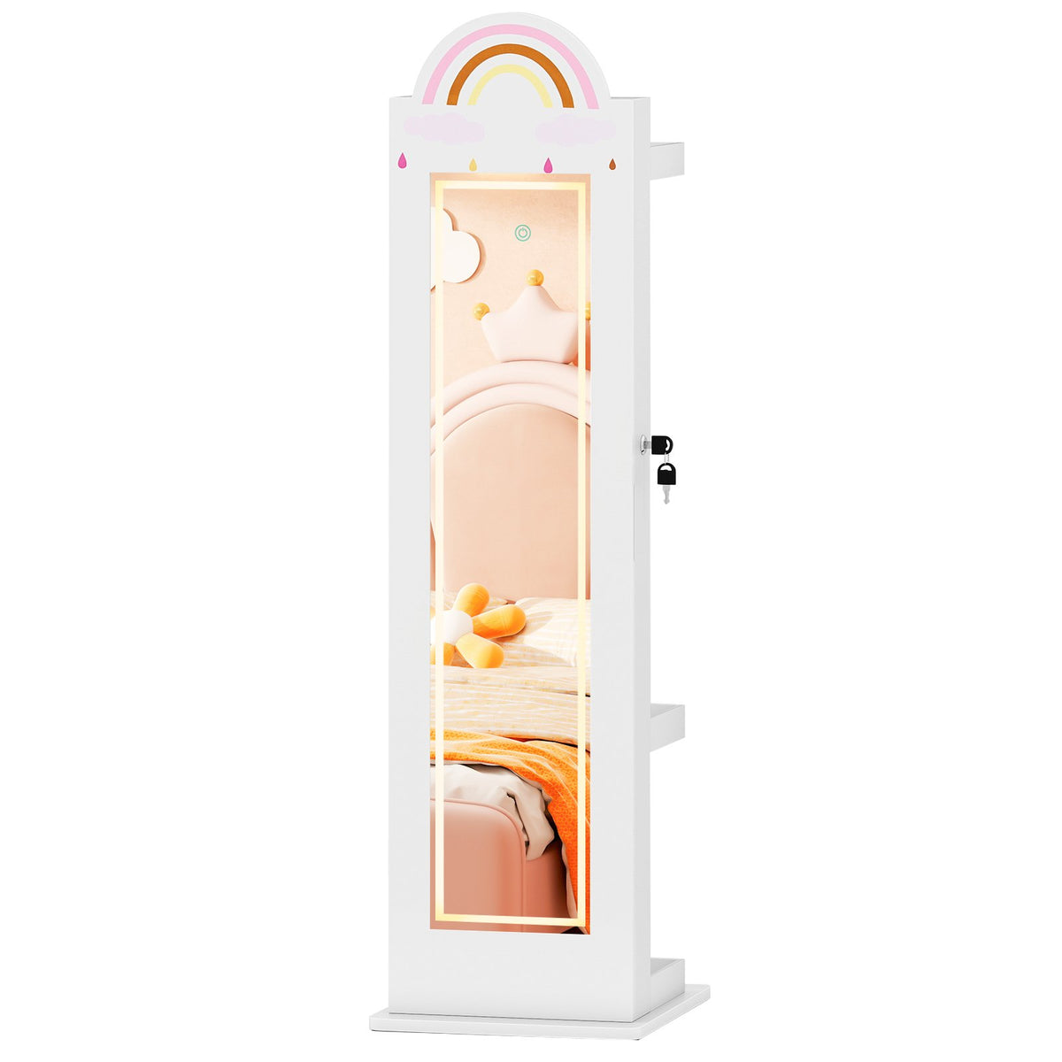 3 In 1 Kids Jewelry Cabinet Freestanding Jewelry Armoire with 3-Color Lighted Mirror-White view 4
