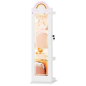 3 In 1 Kids Jewelry Cabinet Freestanding Jewelry Armoire with 3-Color Lighted Mirror-White view 4