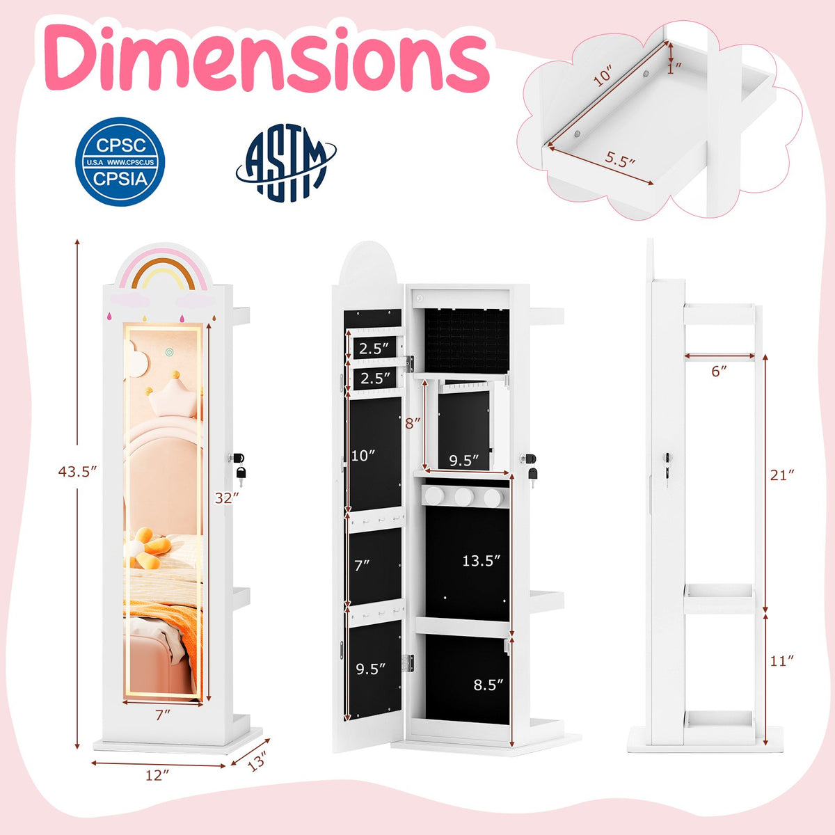 3 In 1 Kids Jewelry Cabinet Freestanding Jewelry Armoire with 3-Color Lighted Mirror-White view 5