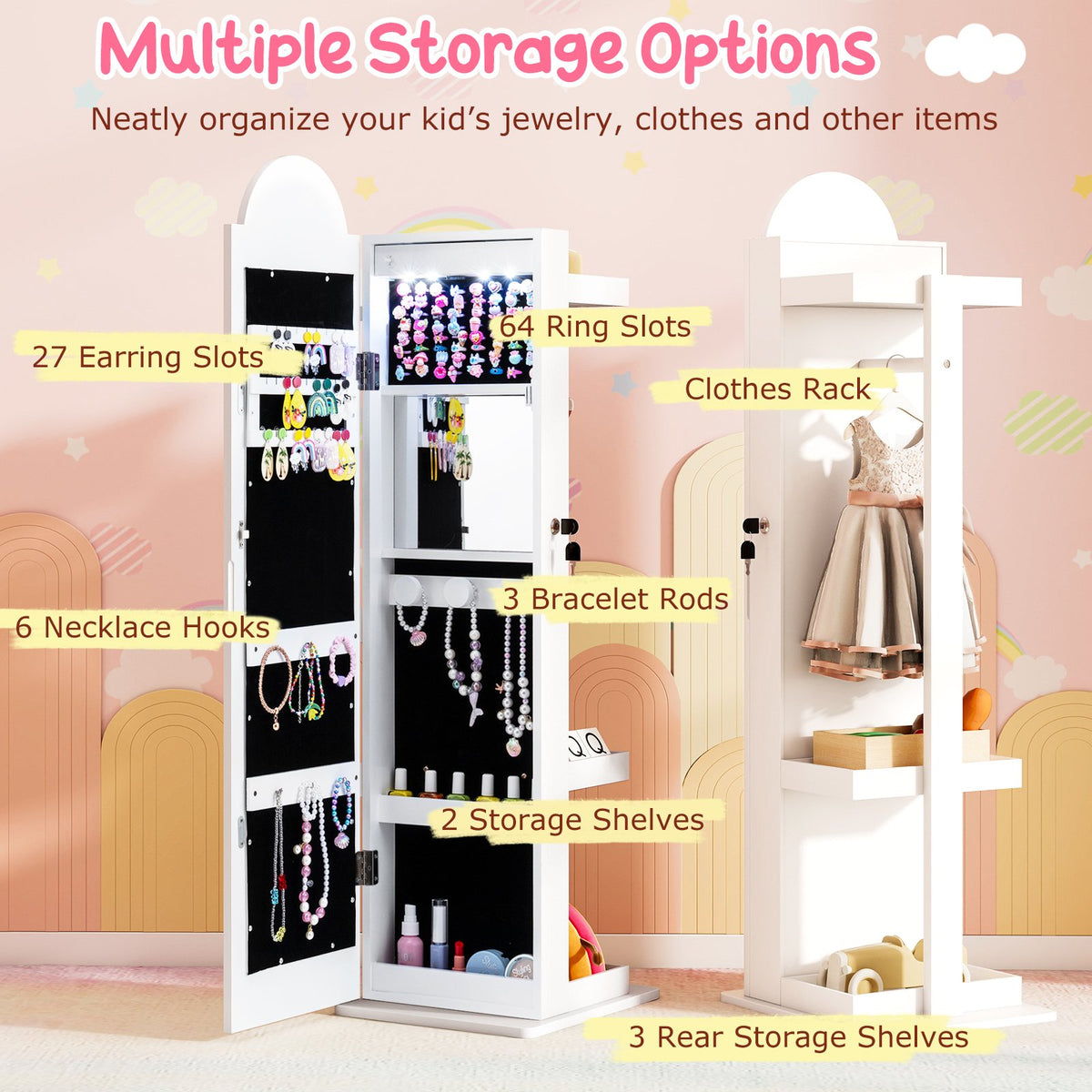 3 In 1 Kids Jewelry Cabinet Freestanding Jewelry Armoire with 3-Color Lighted Mirror-White view 6