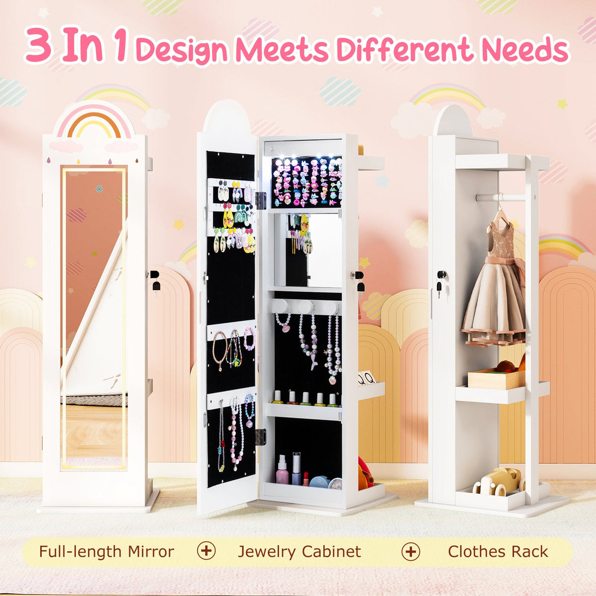 3 In 1 Kids Jewelry Cabinet Freestanding Jewelry Armoire with 3-Color Lighted Mirror-White view 7