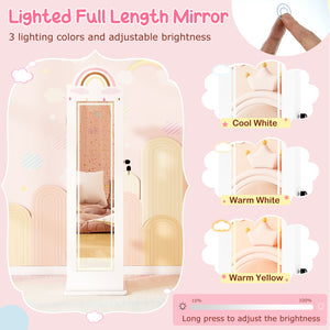 3 In 1 Kids Jewelry Cabinet Freestanding Jewelry Armoire with 3-Color Lighted Mirror-White view 9