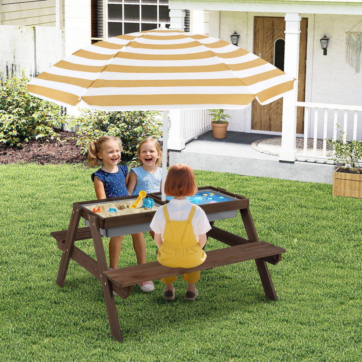 3-in-1 Kids Outdoor Picnic Water Sand Table with Removable Umbrella and Boxes-Coffee view 2