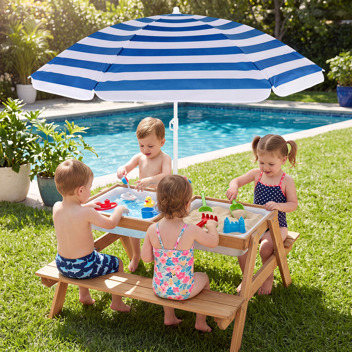 3-in-1 Kids Outdoor Picnic Water Sand Table with Removable Umbrella and Boxes-Navy view 2