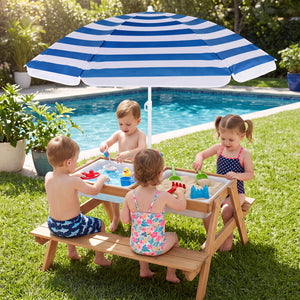 3-in-1 Kids Outdoor Picnic Water Sand Table with Removable Umbrella and Boxes-Navy view 2