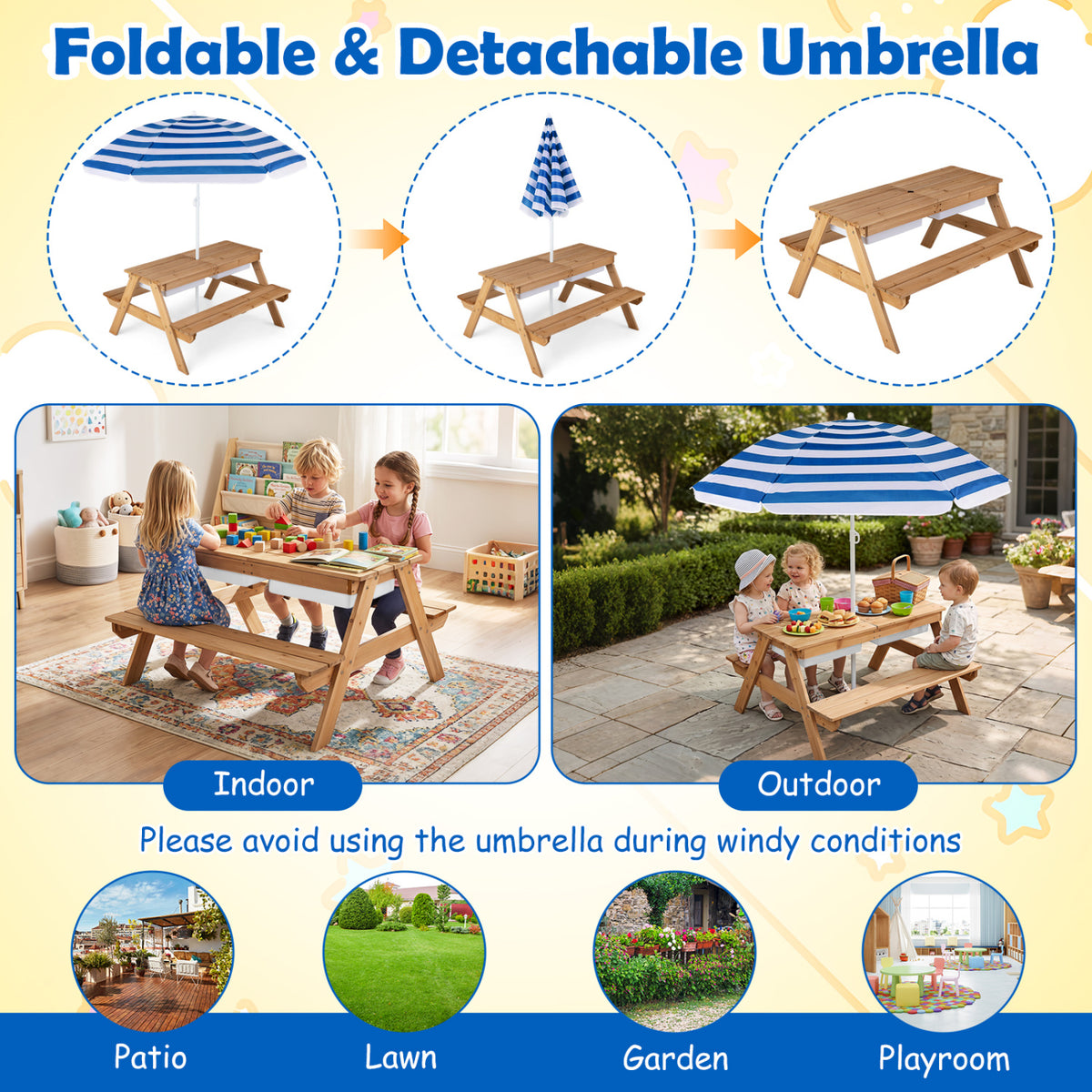 3-in-1 Kids Outdoor Picnic Water Sand Table with Removable Umbrella and Boxes-Navy view 7