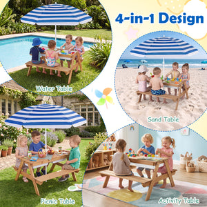 3-in-1 Kids Outdoor Picnic Water Sand Table with Removable Umbrella and Boxes-Navy view 9