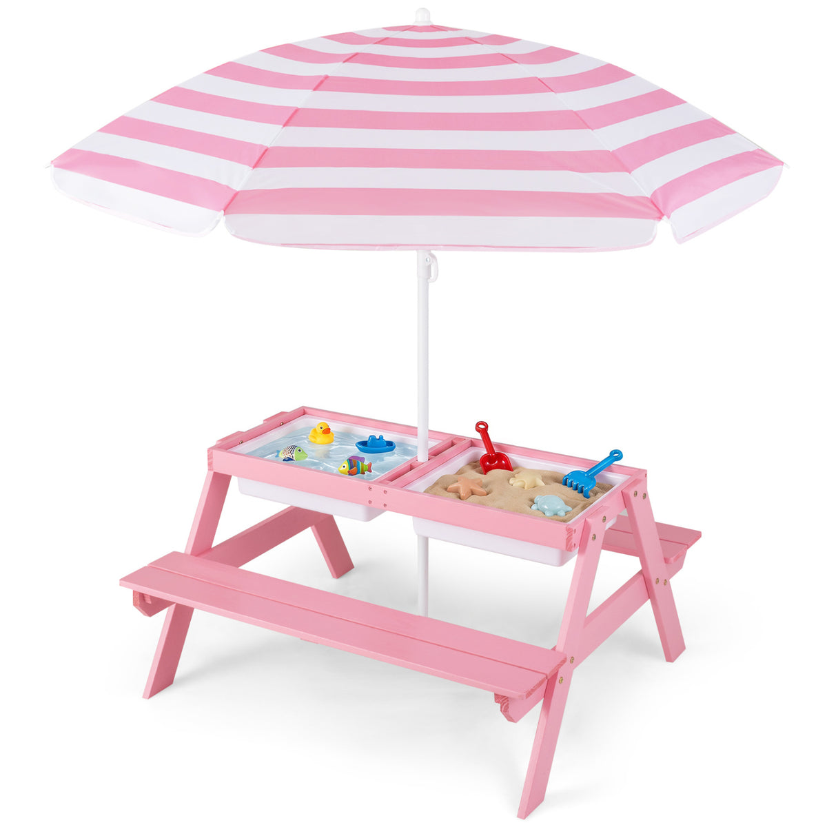 3-in-1 Kids Outdoor Picnic Water Sand Table with Removable Umbrella and Boxes-Pink