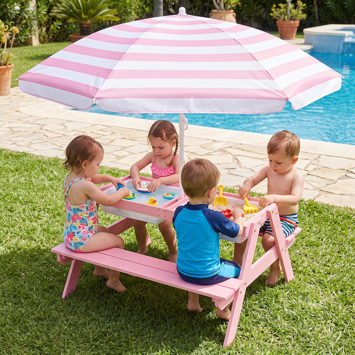 3-in-1 Kids Outdoor Picnic Water Sand Table with Removable Umbrella and Boxes-Pink view 2
