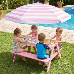 3-in-1 Kids Outdoor Picnic Water Sand Table with Removable Umbrella and Boxes-Pink view 2