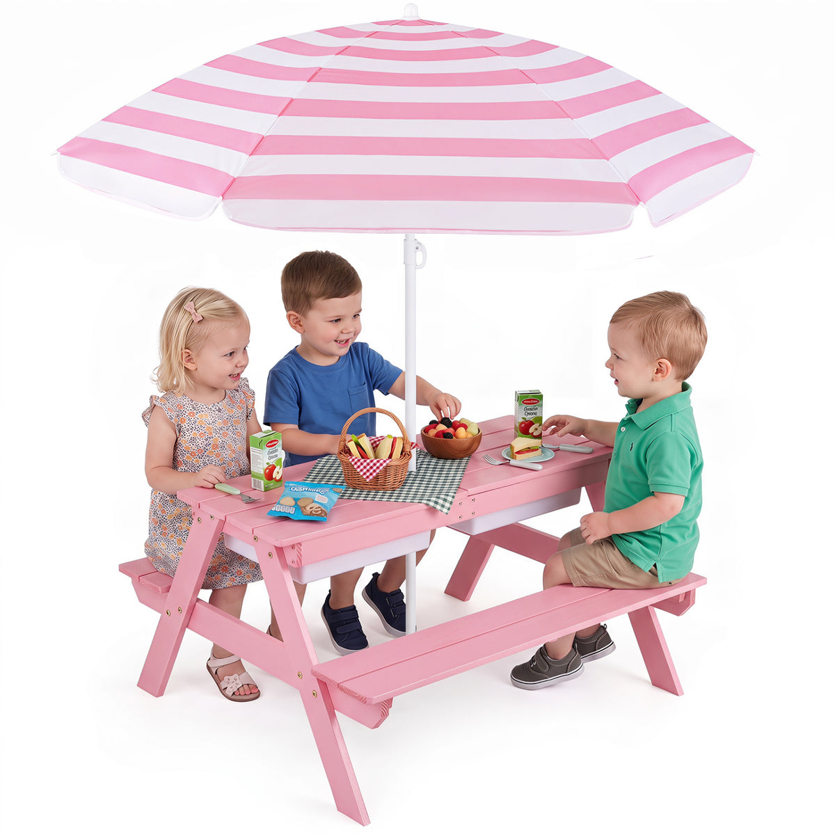 3-in-1 Kids Outdoor Picnic Water Sand Table with Removable Umbrella and Boxes-Pink view 4