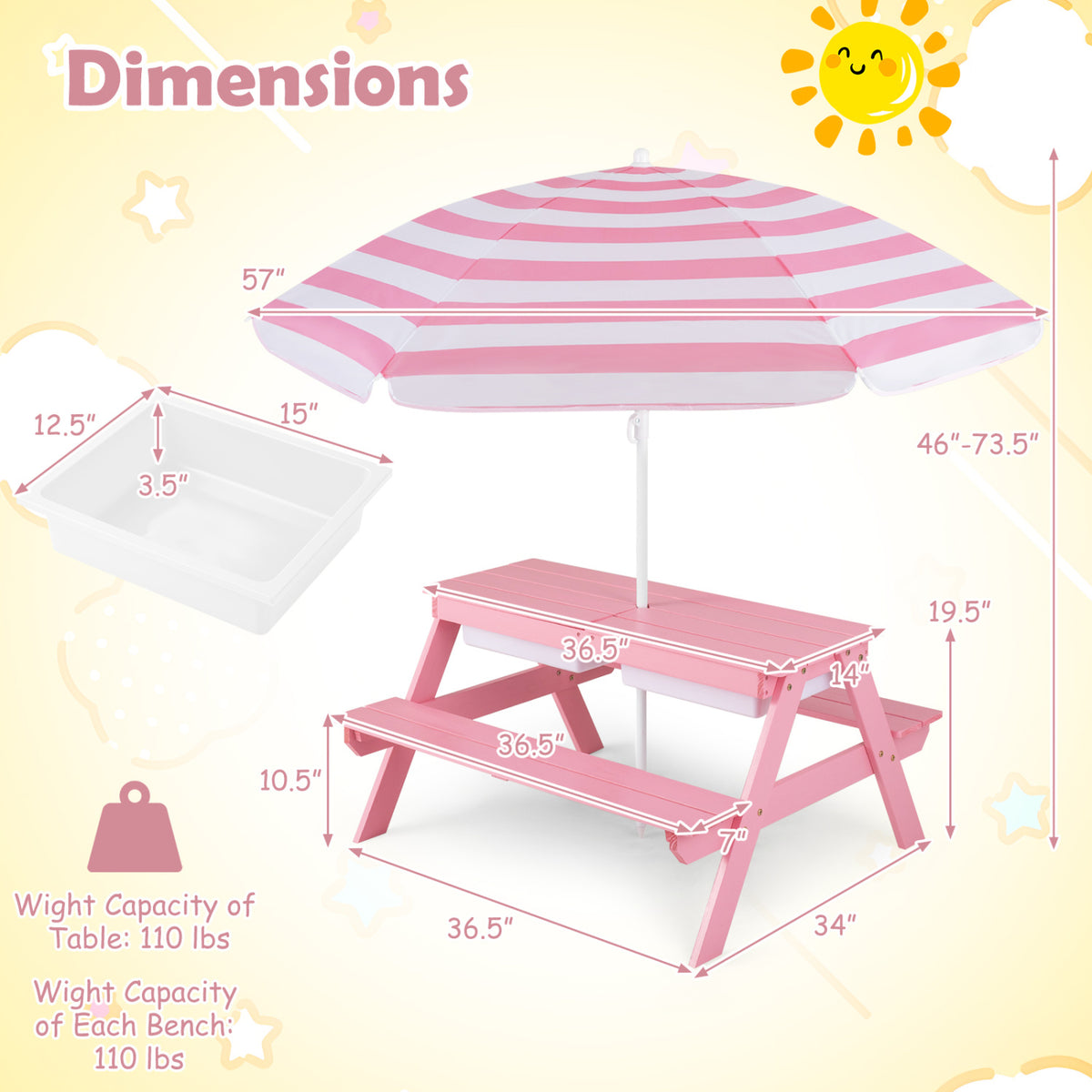 3-in-1 Kids Outdoor Picnic Water Sand Table with Removable Umbrella and Boxes-Pink view 5
