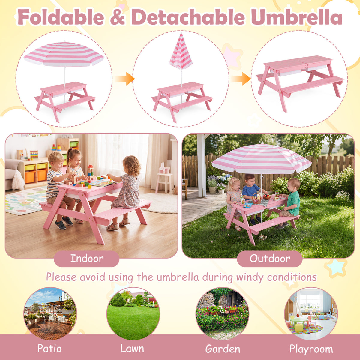 3-in-1 Kids Outdoor Picnic Water Sand Table with Removable Umbrella and Boxes-Pink view 7