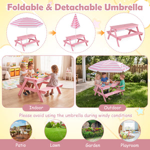 3-in-1 Kids Outdoor Picnic Water Sand Table with Removable Umbrella and Boxes-Pink view 7