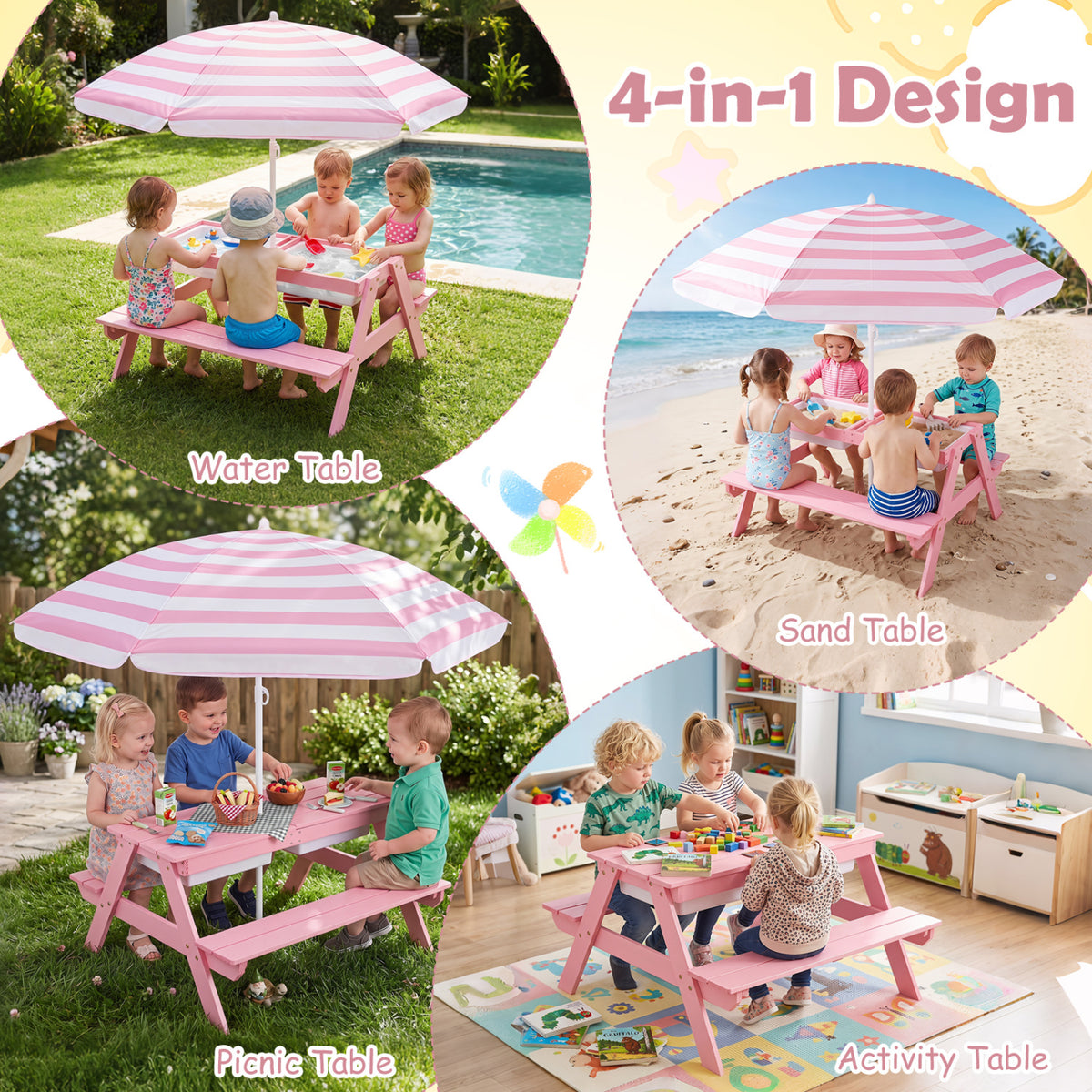 3-in-1 Kids Outdoor Picnic Water Sand Table with Removable Umbrella and Boxes-Pink view 9