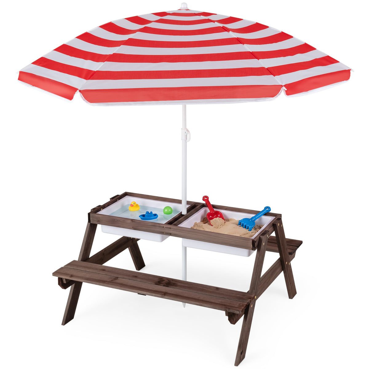 3-in-1 Kids Outdoor Picnic Water Sand Table with Removable Umbrella and Boxes-Red