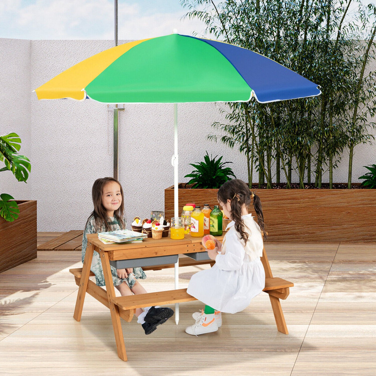 3-in-1 Kids Outdoor Picnic Water Sand Table with Umbrella Play Boxes-Yellow view 2
